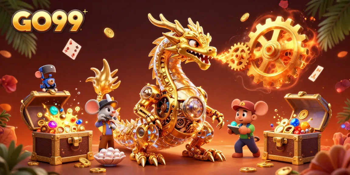 Experience thrilling action at GO99 with a golden dragon and vibrant casino elements.