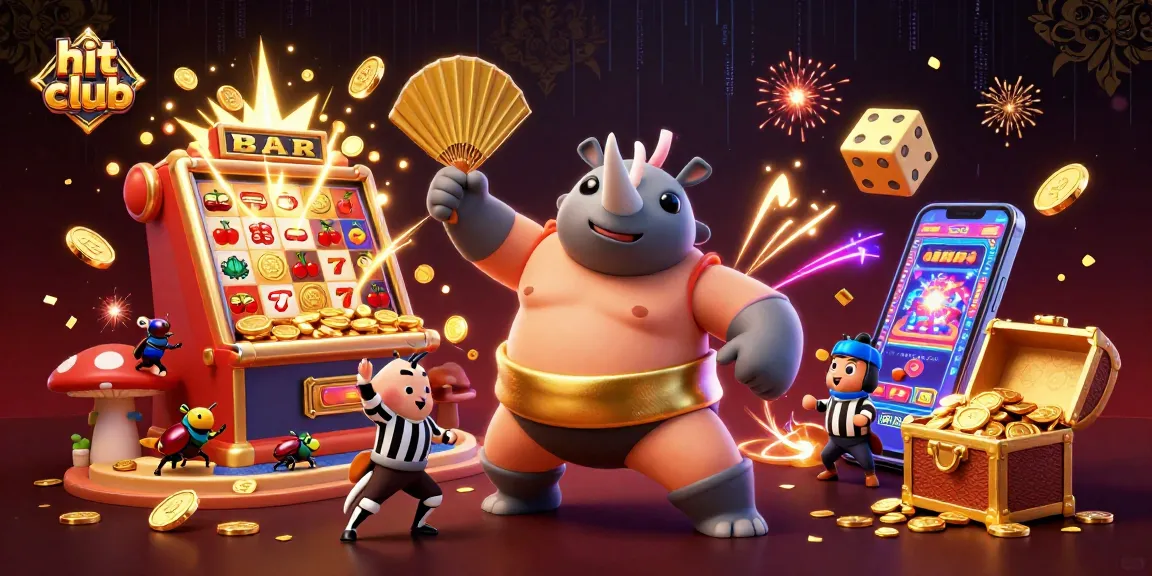 Experience thrilling wins at hit club with a dynamic scene of a sumo beetle champion surrounded by vibrant casino elements.