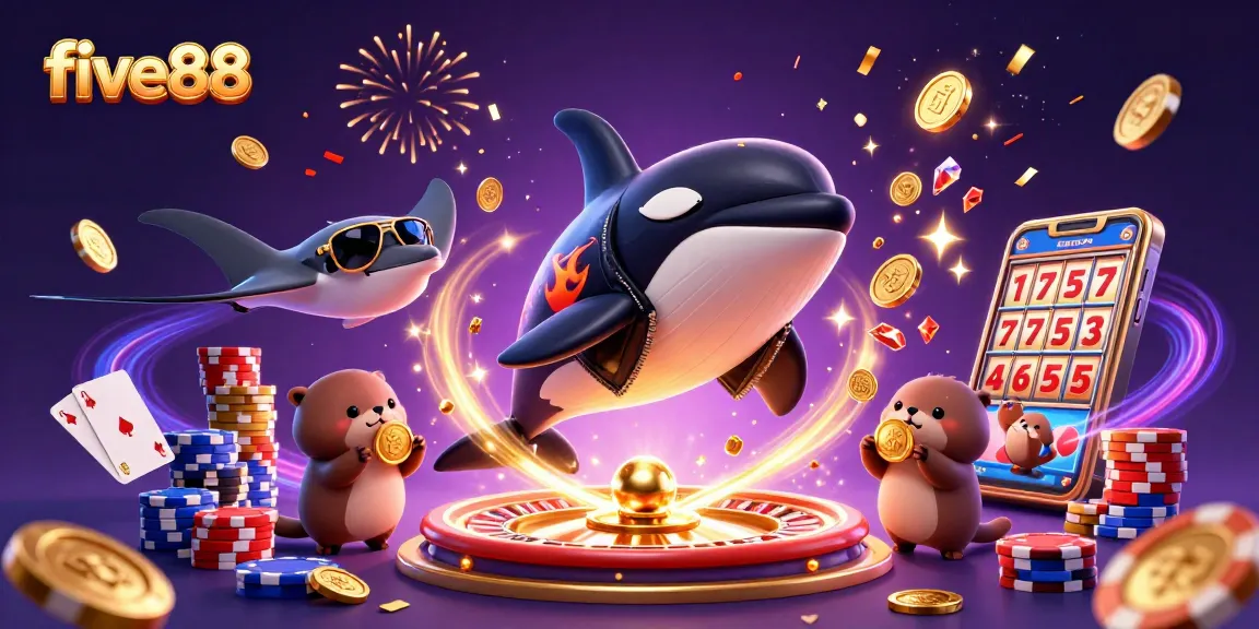 Engage with the thrilling five88 casino experience featuring vibrant characters amidst golden coins and dazzling games.