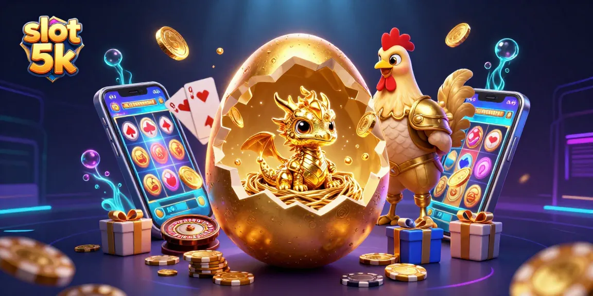 Engage in thrilling slot 5k action with a golden dragon and vibrant casino elements around a mobile game display.